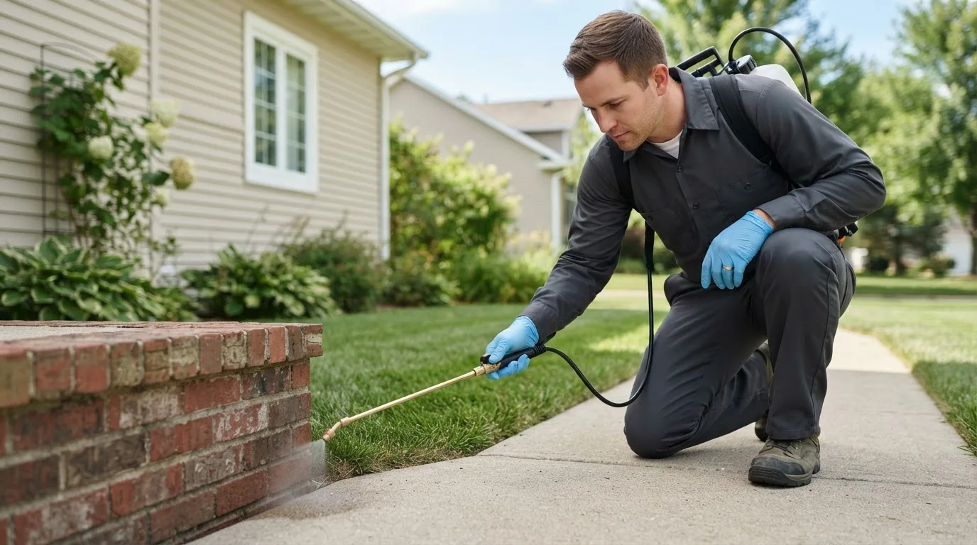 Pest control technician treating a home near Farmington, WV