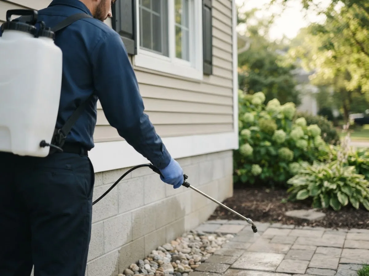 Pest control technician inspecting a home in Farmington, WV